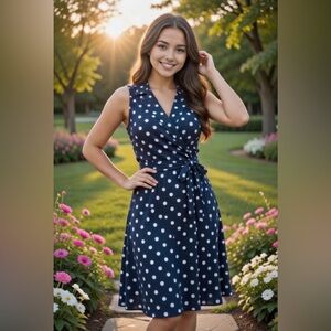 Chaps Navy and White Polka Dot Midi Dress